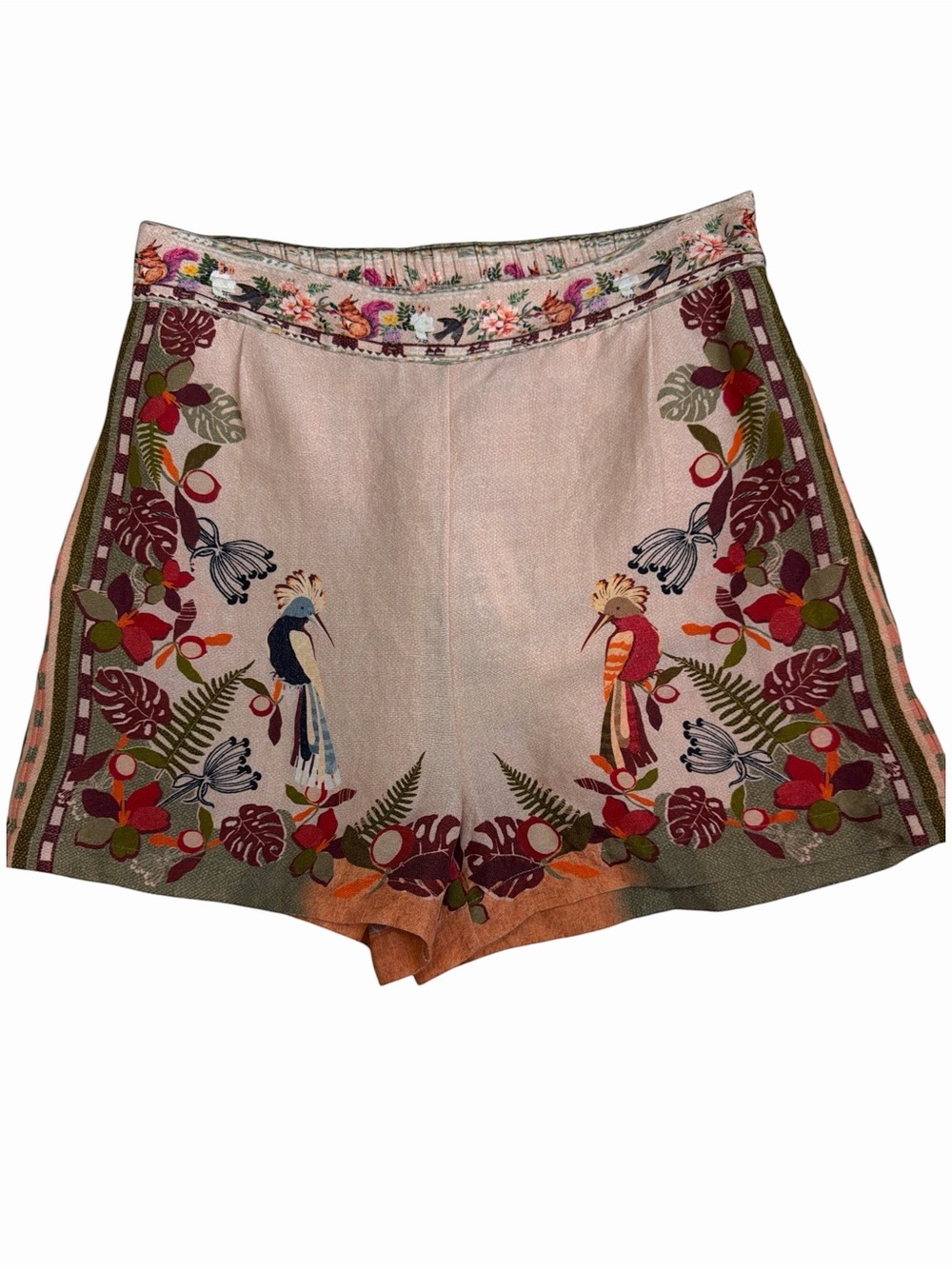 Ranna Gill Pink Tropical Bird Embroidered High Waist Linen Shorts NWT Size Med